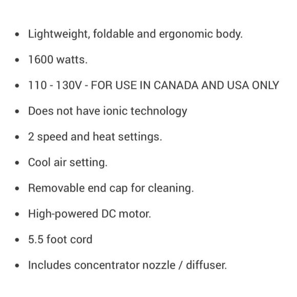 Aria Beauty Ultra Sleek Foldable Hair Dryer White Travel Size 1600W - Picture 2 of 6